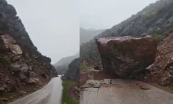 Hakkari’de yola düşen dev kaya ulaşımı tamamen kapattı