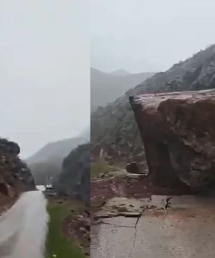 Hakkari’de yola düşen dev kaya ulaşımı tamamen kapattı