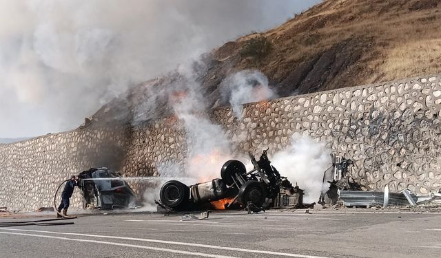 Duvara çarpan tır alev aldı: Sürücü son anda kurtarıldı!