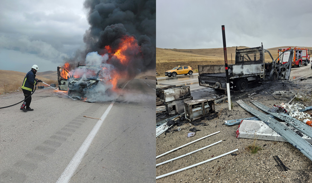 Van'da seyir halindeki kamyonet alev alev yandı: Kombi ve petekler kül oldu!